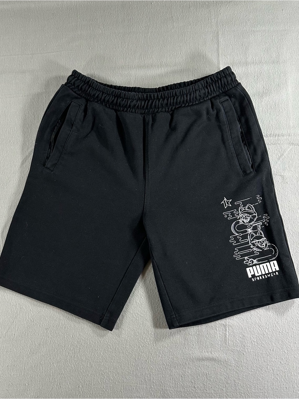 Puma Mens M Black Graphic Fleece Shorts Cat Print Sportswear Athletic Casual